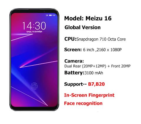 Смартфон Meizu 16, глобальная версия, 6+64/128 Гб, процессор Snapdragon 710, экран 6.0'', фронтальная камера 20 мп, двойная задняя камера, аккумулятор 3100 мАч
