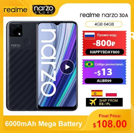 Смартфон Realme Narzo 30A, глобальная версия, 4 ГБ 64 ГБ, Helio G85, 6,5 дюйма, полноэкранный режим, 13 МП, AI, двойная камера, 6000 мАч ₽8800-800 Промо-код: HAPPYBDAY800 (Использовать на 3-29 00:00:00 — 4-02 23:59:59)