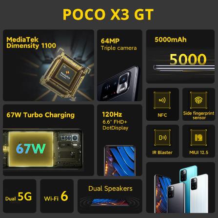 Смартфон POCO X3 GT, 8 ГБ, 128 ГБ/256 ГБ, NFC, MTK 1100, 67 Вт, 6,6 дюйма, 120 Гц, 5000 мАч, тройная камера 64 мп